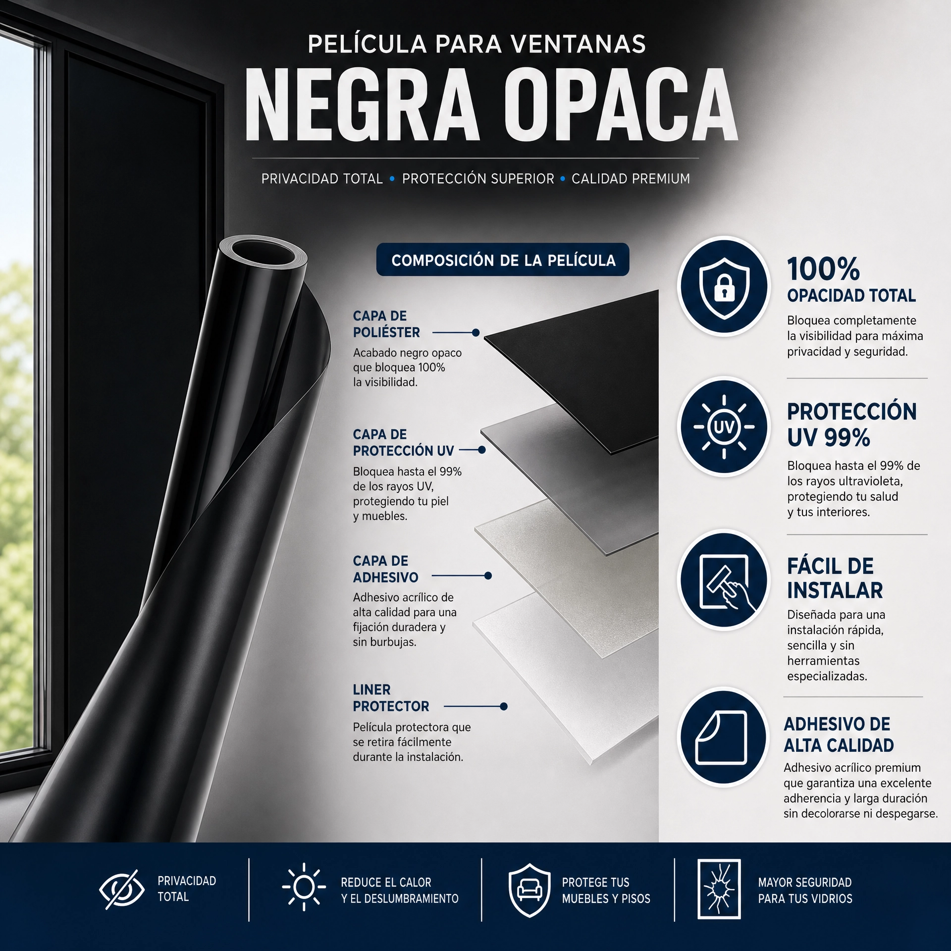 Película Adhesiva de Vidrio Negro Opaco - Protección UV y Oscurecimiento Total 100%